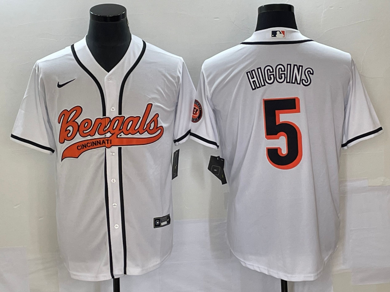 Men's Cincinnati Bengals #5 Tee Higgins White With Patch Cool Base Stitched Baseball Jersey Men's Cincinnati Bengals #5 Tee Higgins White With Patch Cool Base Stitched Baseball Jersey